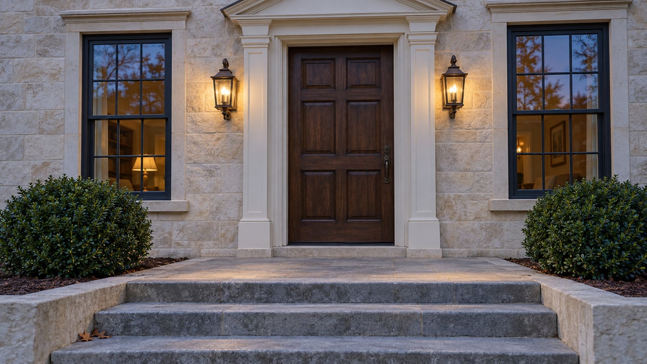 A limestone home entrance at blue hour, with a walnut door, paired sash windows, glowing bronze lanterns and broad stone steps.