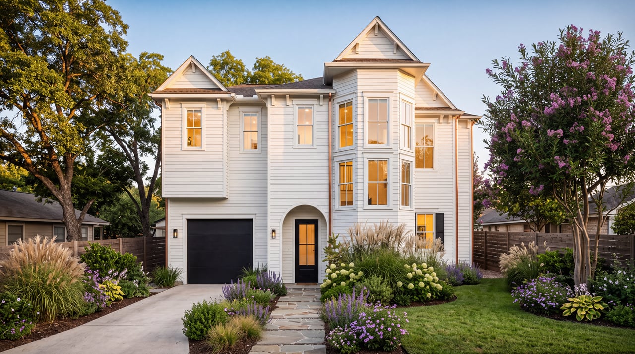 White two-story house with front gables, a black garage door, and landscaped flower beds.