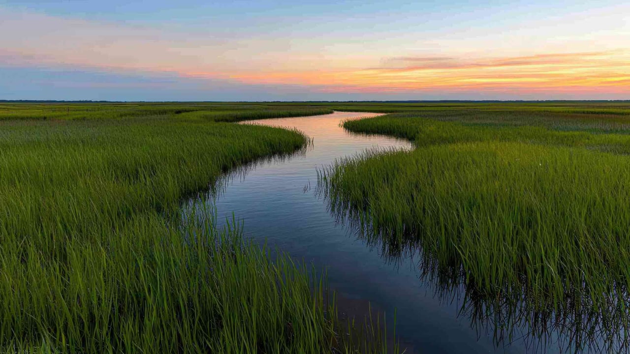 Winding creek through marshland at dusk on Kiawah Island, SC
