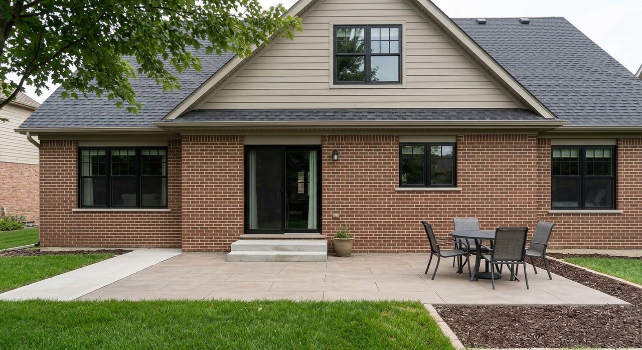 Brick house with black-framed sliding doors, a paved patio, and a table with chairs beside lawn and garden beds.