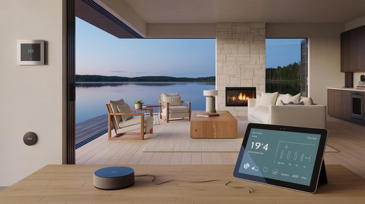 Modern lakeside living room with a wide open glass wall, patio seating, fireplace, and tablet on a table.
