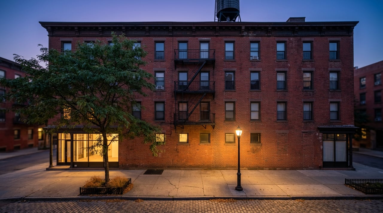 Five-story brick building with black fire escape, glowing storefront, street tree and cast-iron lamp.