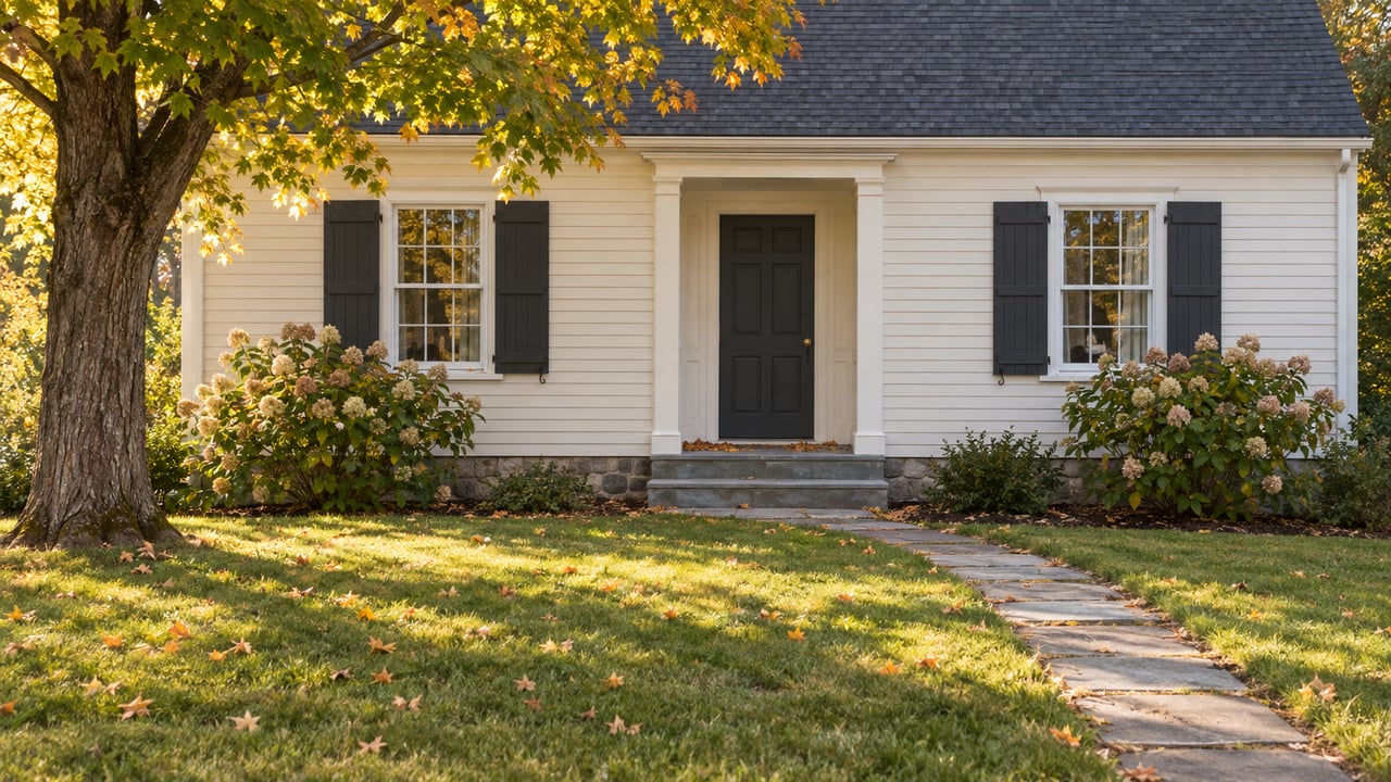 Ivory clapboard home with charcoal shutters, a bluestone path, and a gold-tinged maple beside the lawn.