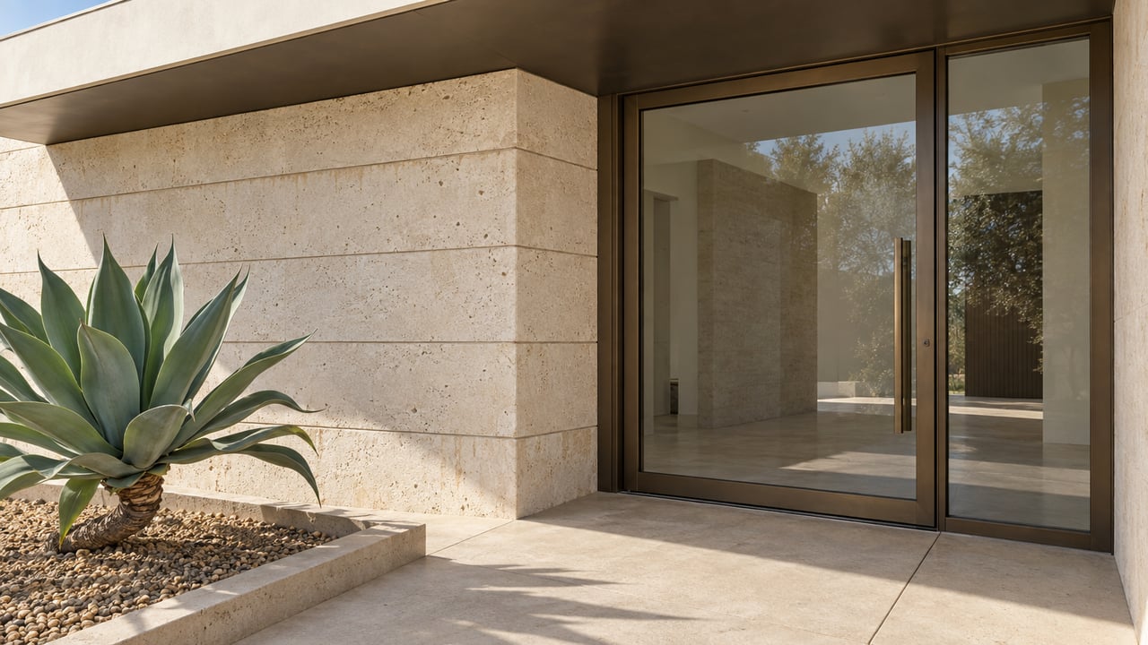 Sunlit limestone and bronze-framed glass entrance beneath a deep flat-roof overhang, with a sculptural agave beside the concrete landing.