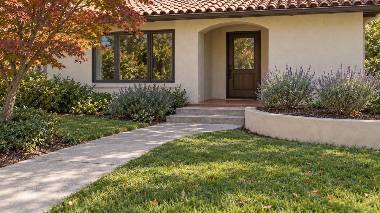 A clay-tile-roofed stucco home with a recessed oak entry, concrete garden approach and curved planting bed.