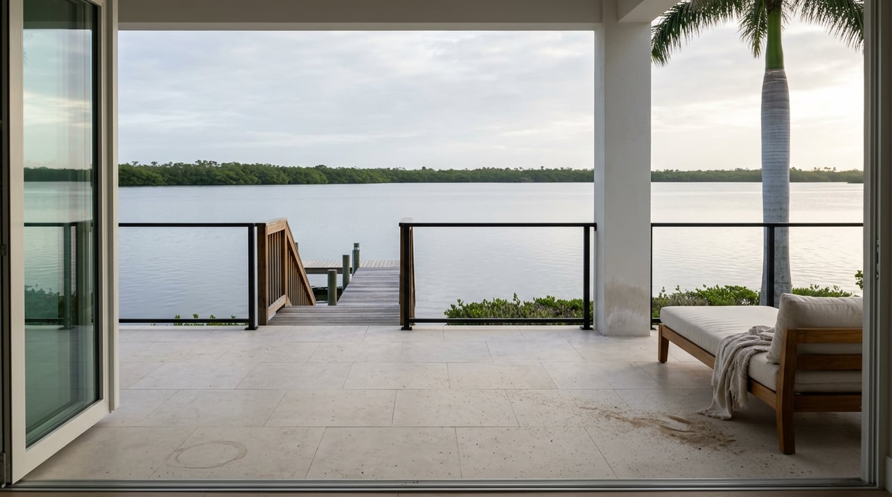 Waterfront terrace with a teak daybed, short dock, open water, and mangroves along the horizon.