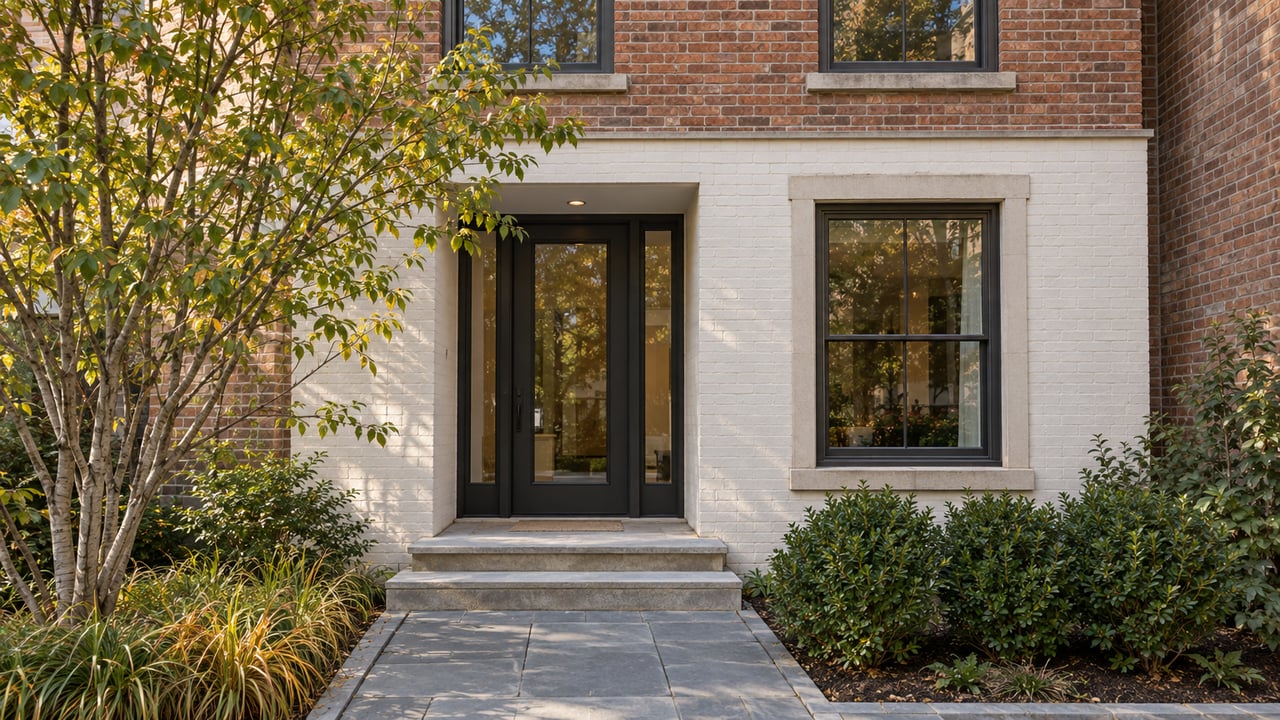 Brick townhouse with recessed dark entry, shallow stone steps, and compact plantings flanking a bluestone walk.