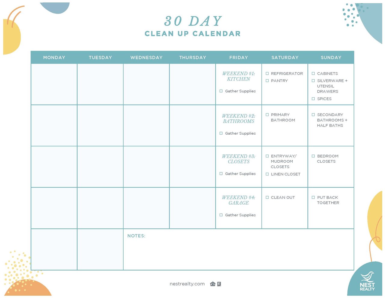 30-Day Home Clean Up Calendar