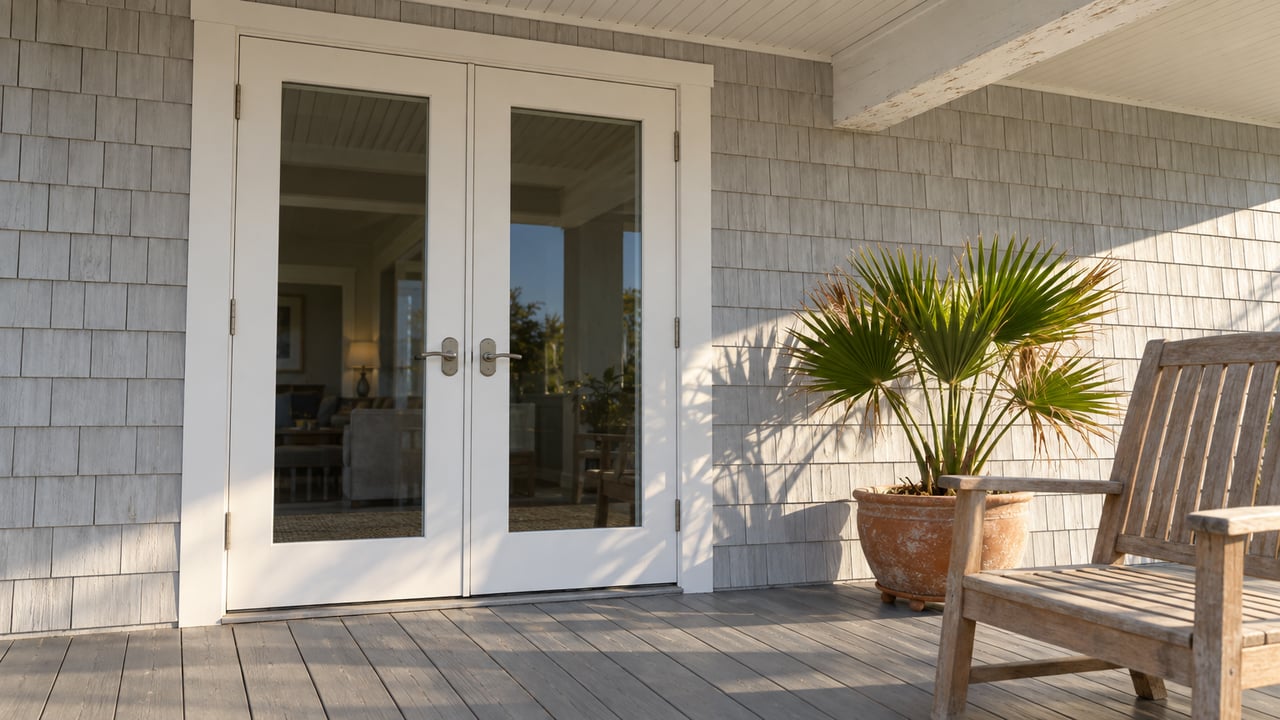 Morning light across a raised home's covered porch, pale gray cedar shingles, paired glass doors, a weathered teak chair and a potted dwarf palmetto.