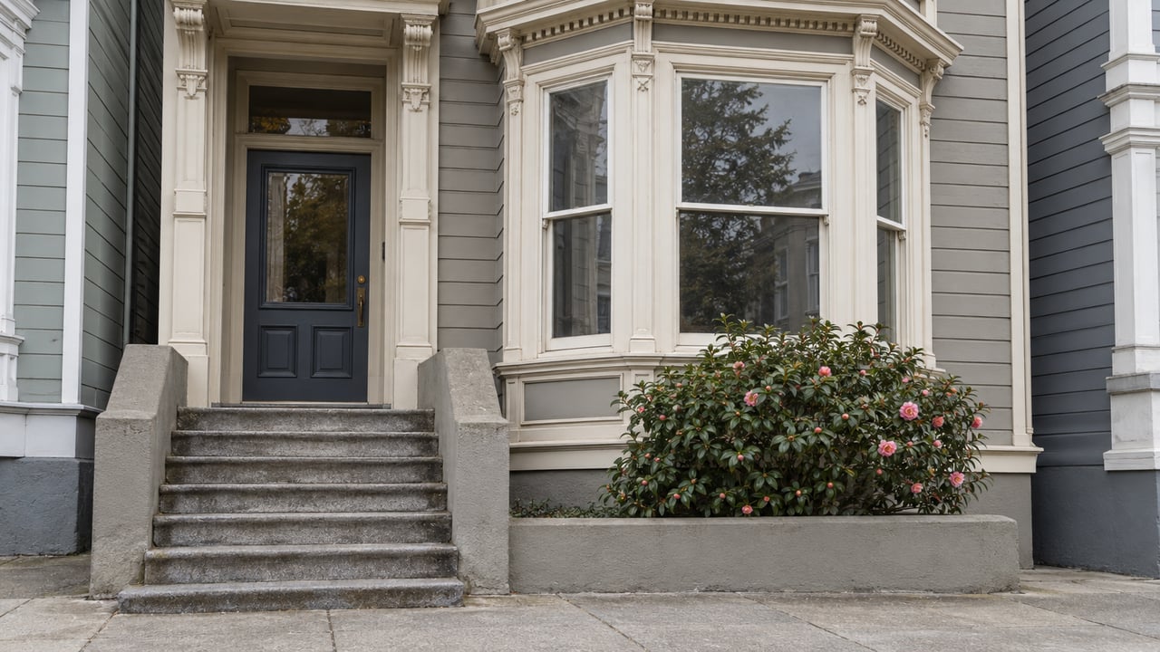 Painted wood bay windows and a recessed glazed front door above worn stone steps, with one camellia beside the facade.