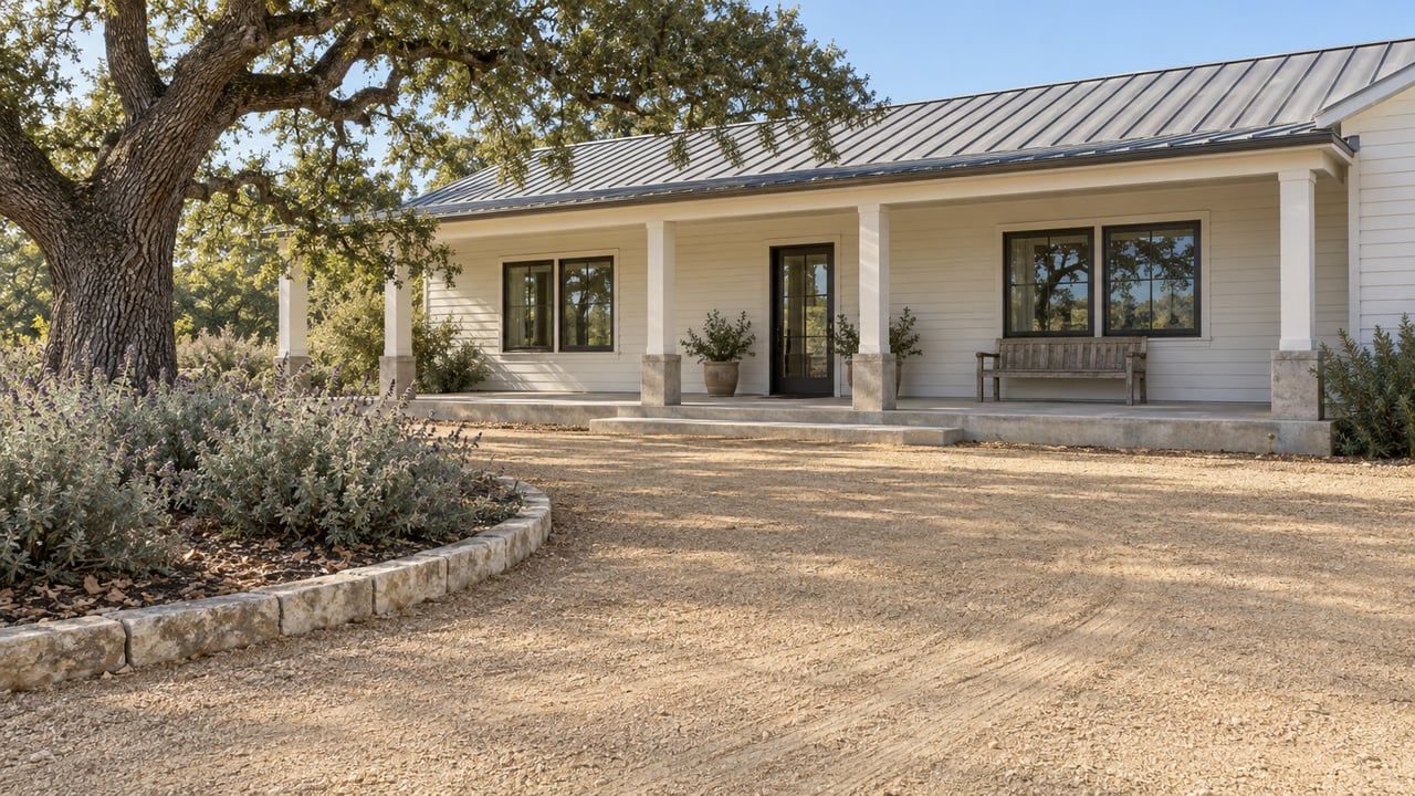 Light-sided ranch home with a zinc roof and covered veranda beside a broad gravel arrival court and mature oak.