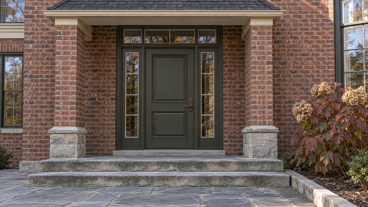 Brick home entrance with an olive paneled door, paired sidelights, limestone steps, and burgundy oakleaf hydrangea foliage.
