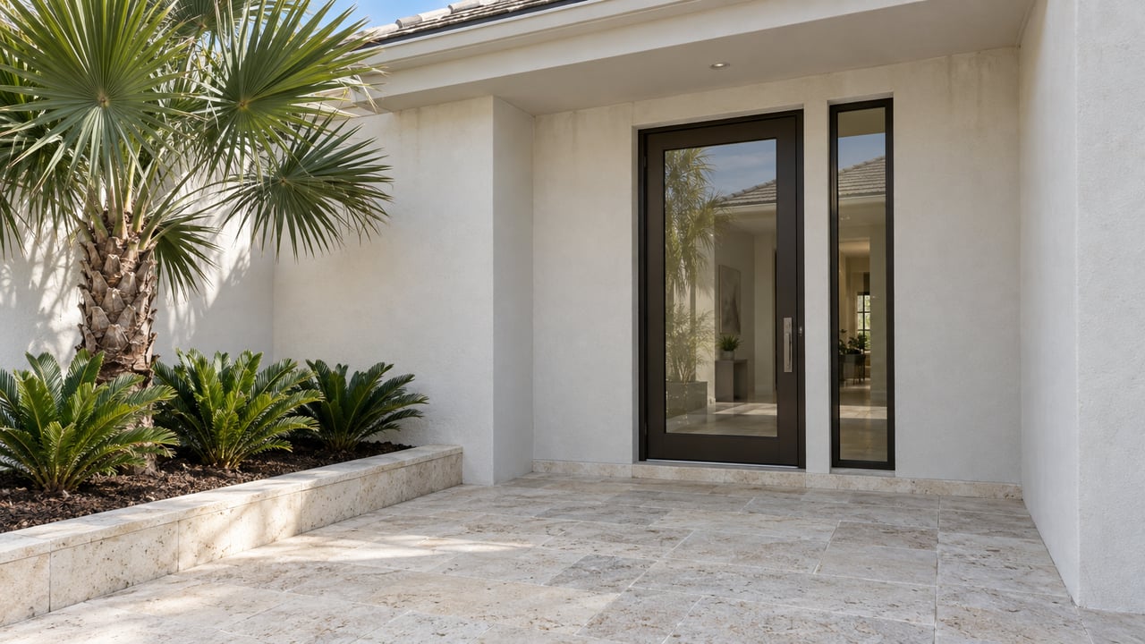 Luxury home entrance with bronze-framed glass door, limestone approach, and palms in a raised planting bed.