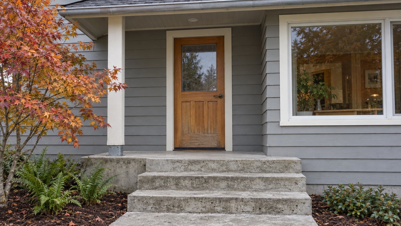 Covered home entry with gray cedar siding, a wood-and-glass door, concrete steps and autumn vine maple beside sword ferns.