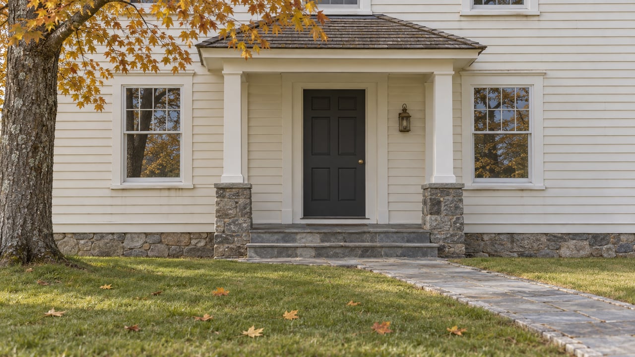Ivory clapboard home entrance with a cedar-shingled porch, bluestone steps and an amber-leaved sugar maple beside an autumn lawn.