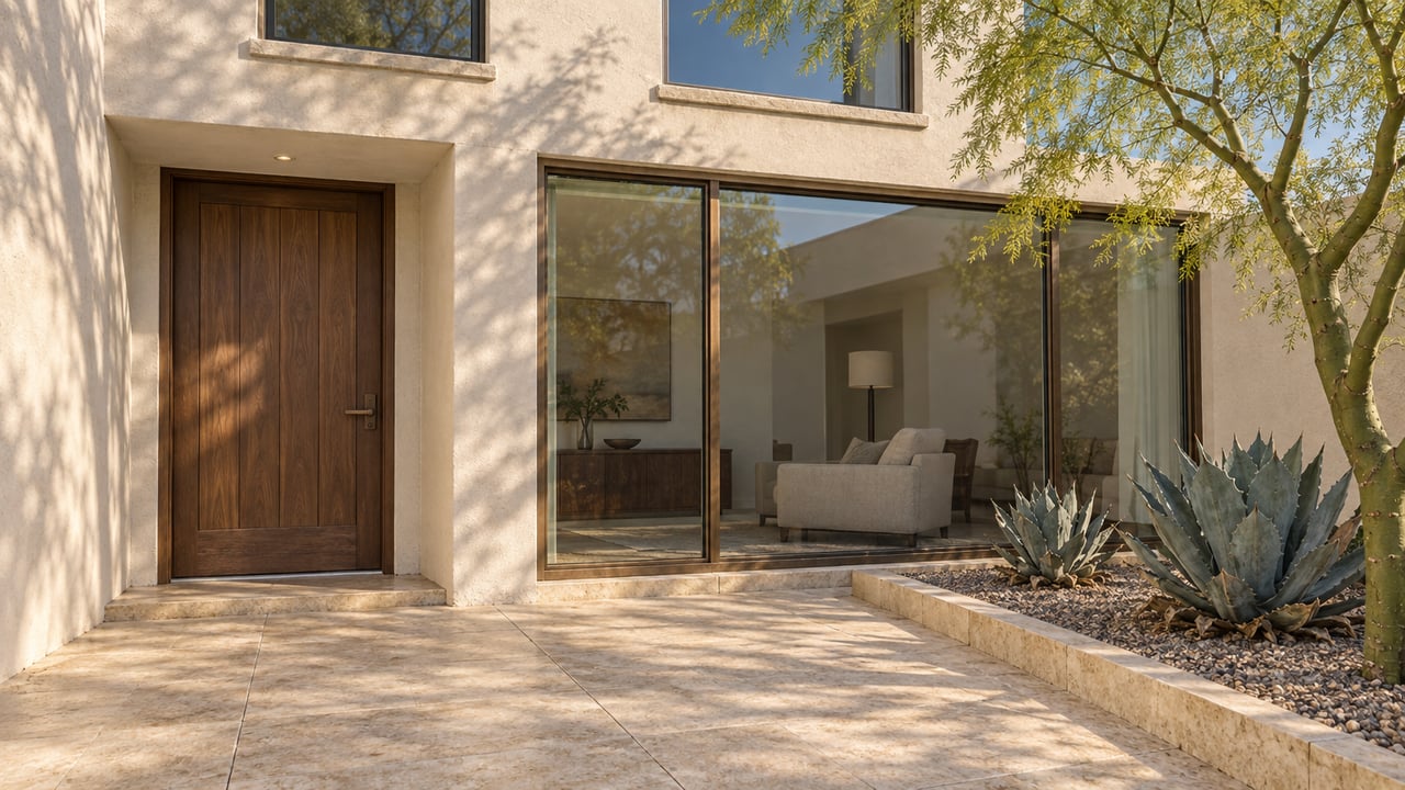 Sunlit condominium entry with pale stucco, walnut door, bronze-framed windows and a limestone terrace beside sculptural desert planting.