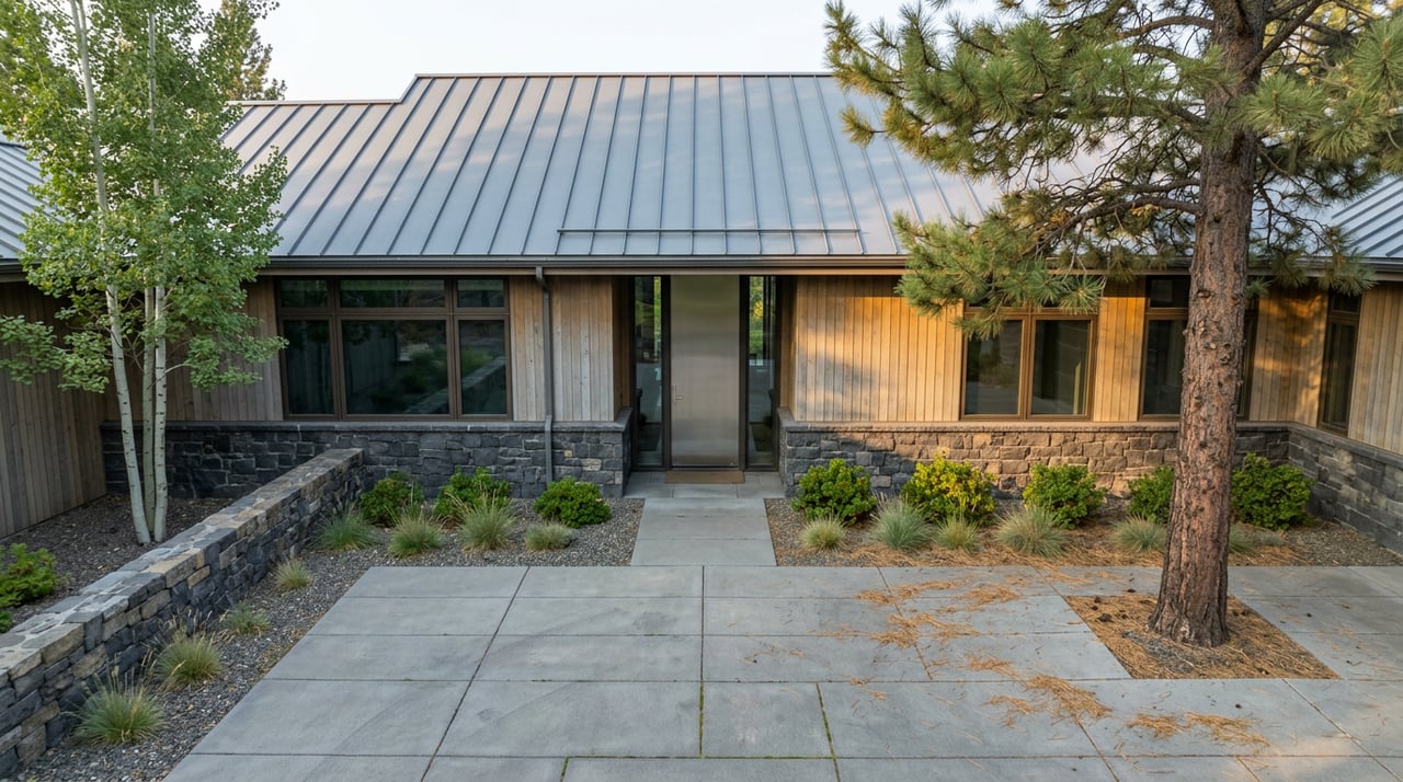 Mountain-modern home with charcoal stone base, cedar siding, and a paved motor court beneath pine and aspen trees.