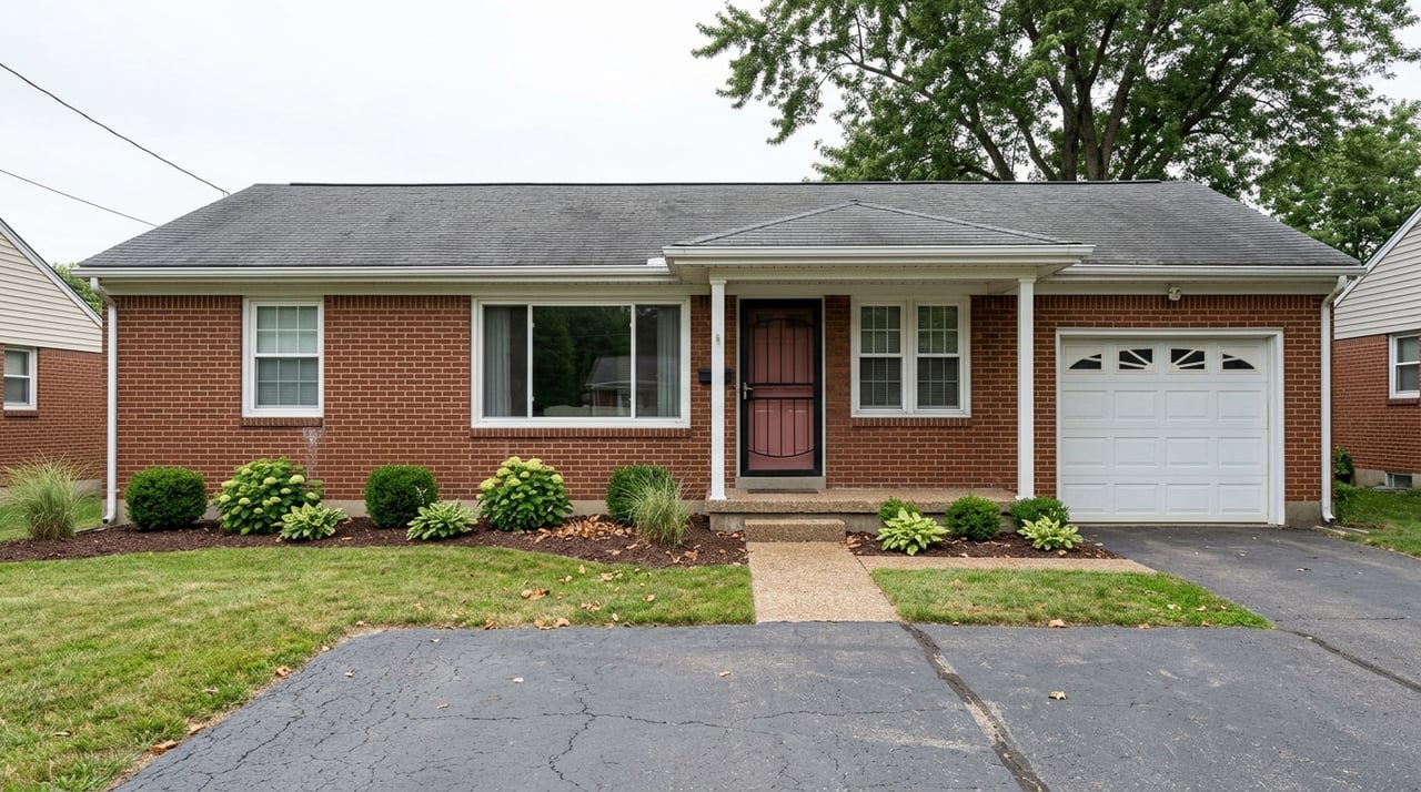 One-story brick ranch with an attached garage beneath a mature maple canopy.