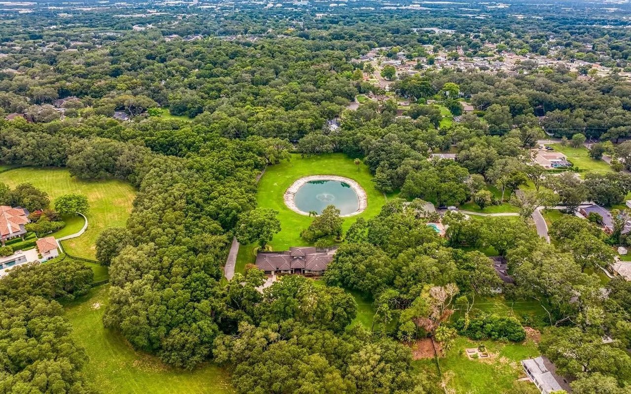 Aerial view of wooded Silver Springs homes surrounding a pond and broad green lawns.