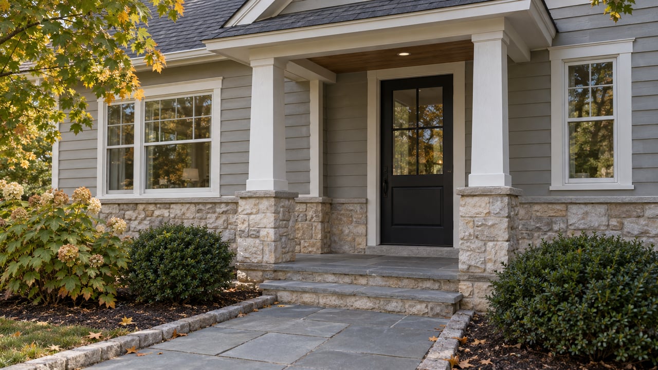 Traditional gray clapboard house with a limestone foundation, bluestone approach, and early-autumn plantings.
