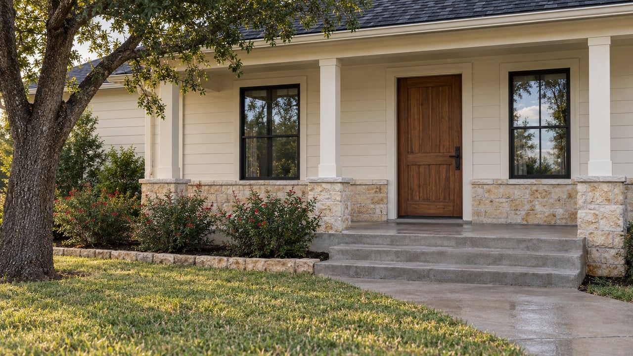 Cream-sided home with a cedar entry door, black-framed windows, limestone porch base and a damp concrete approach beside a front lawn.
