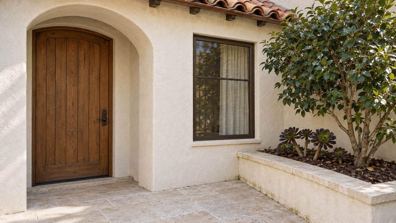 Ivory stucco home entry with an oak door, clay roof tiles, limestone paving and a raised camellia planter.