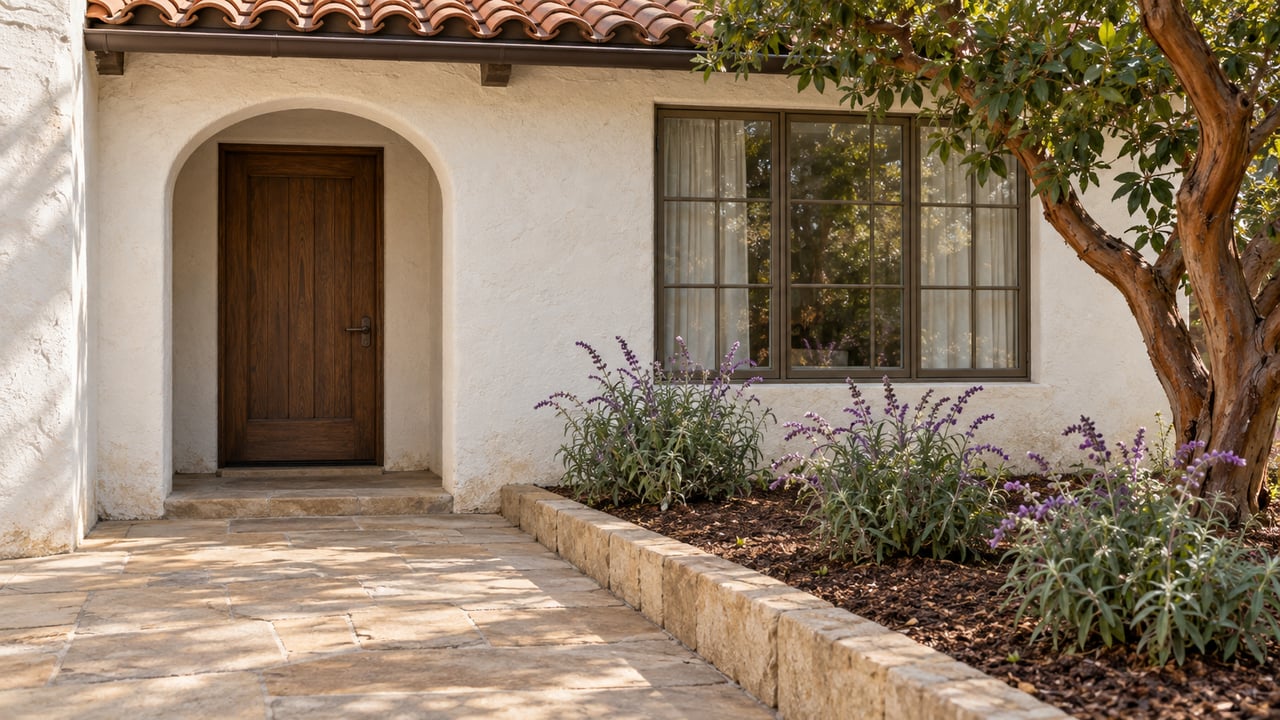 White stucco cottage entrance with an arched oak door, terracotta roof, sandstone path, and a planted raised bed.