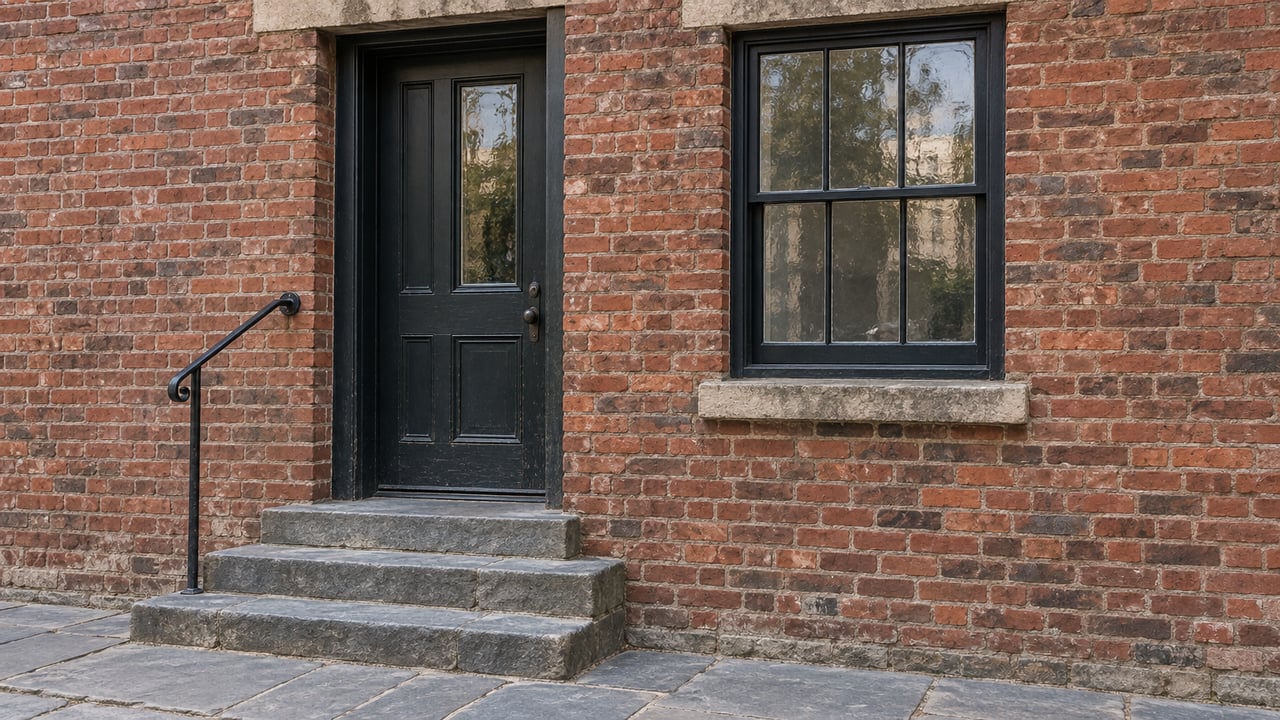 Historic red-brick entry with a dark glazed door, sash window, worn stone steps, and iron handrail.
