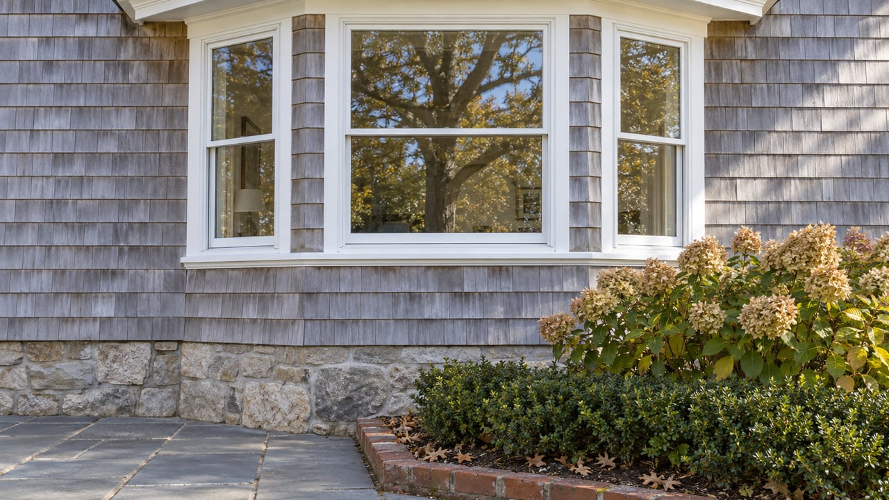 Shingle-sided house with a three-window bay, fieldstone foundation, and fading hydrangea beside a bluestone path.
