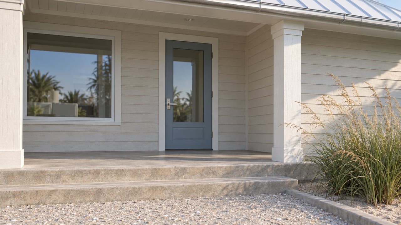 Close view of a pale-sided coastal cottage entry with a blue-gray glazed door, covered concrete porch and sea oats beside a shell-aggregate path.