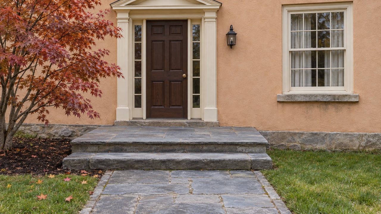 Peach stucco home entrance with a dark timber door, cream trim, bluestone steps and a copper-red Japanese maple.
