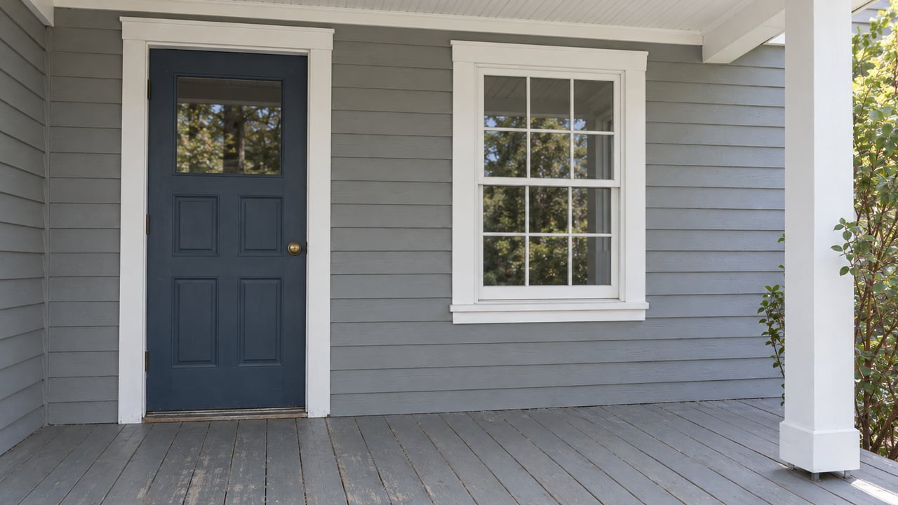 Covered house entry with gray clapboard siding, a dark blue door, white-trimmed window and weathered painted porch boards.