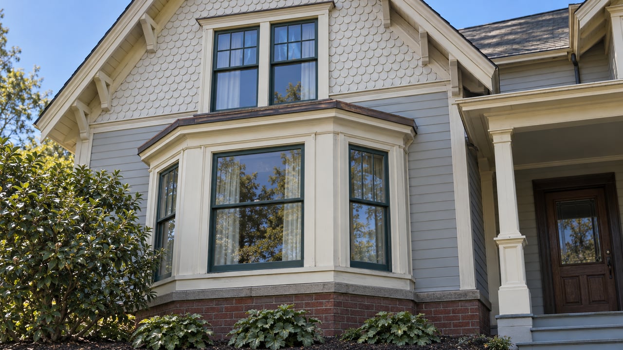 Sunlight catches scalloped wood shingles, cream trim and green sash windows on a restored house above a brick foundation and planted garden bed.