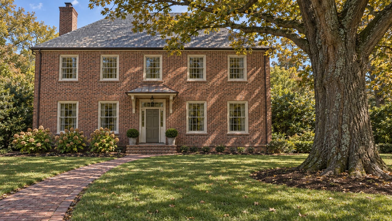 A mature white oak shades a deep lawn in front of a two-story red-brick house with cream-painted windows and a slate roof.