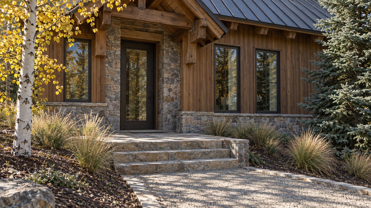 Autumn sunlight across a timber-and-stone home's glazed entrance, broad stone steps and golden aspen.