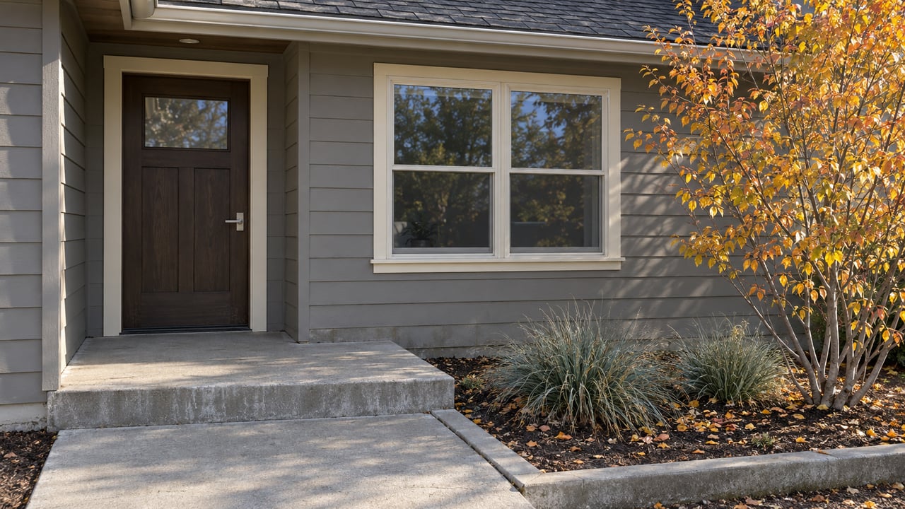 Gray-sided home entry with a wood door, cream-trimmed window, concrete stoop and autumn serviceberry planting.