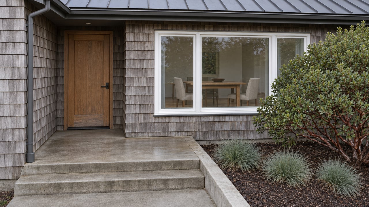 Weathered cedar-shingled home with an oak entry door, broad dining window and concrete steps beside a sculptural manzanita.