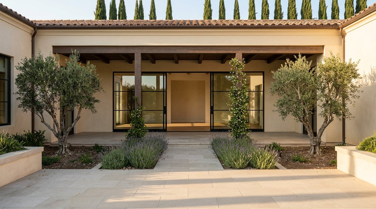Limestone courtyard with olive trees and lavender before a cream-stucco home’s glass-enclosed loggia.
