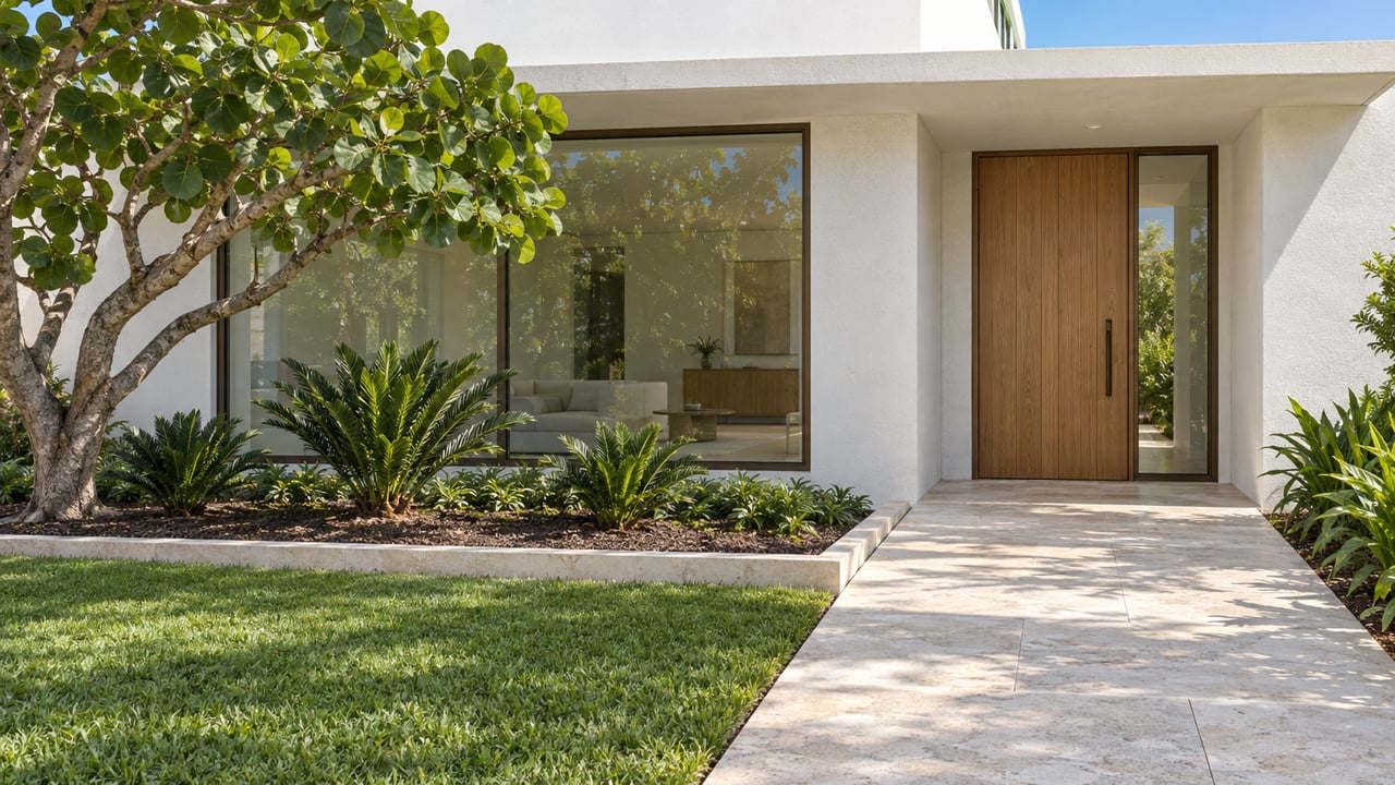 Bright contemporary white home with bronze-framed glazing, a sheltered oak entry, pale limestone walkway and a sculptural sea grape tree.