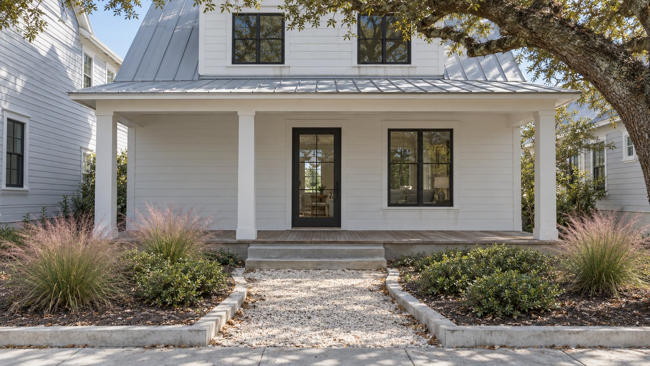 Coastal house with a shaded porch, steep gray roof, and shell path beneath a live oak.