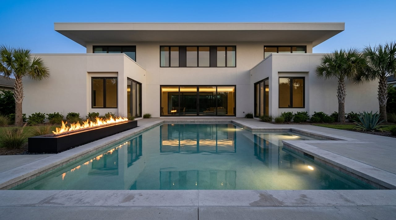 Modern fortress house overlooking a pool at blue hour, with glowing windows, pool lights, and a fire feature.
