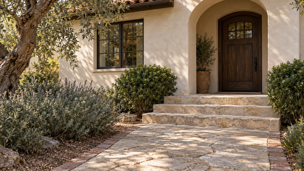 Irregular limestone walkway and broad steps lead to a recessed arched oak door in a cream stucco facade.