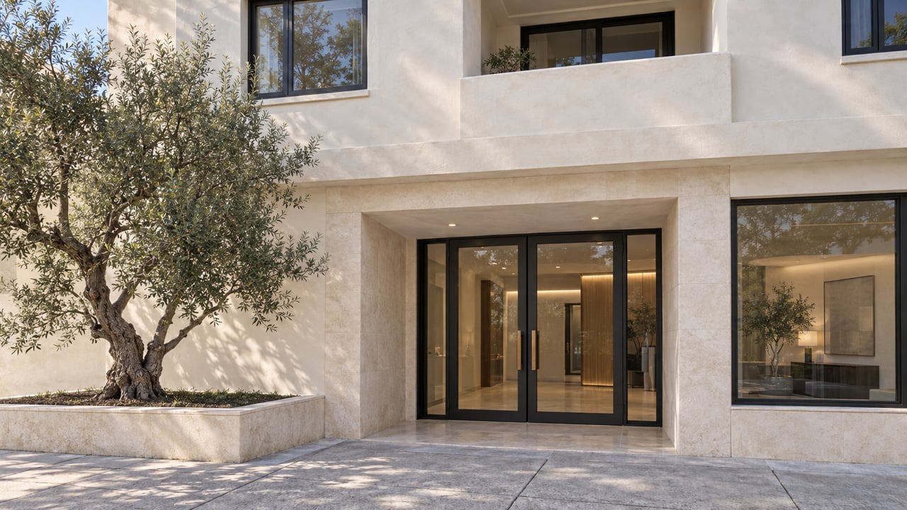 Cream stucco apartment facade with black-framed windows, recessed glass lobby doors, and an olive tree in a raised planter.