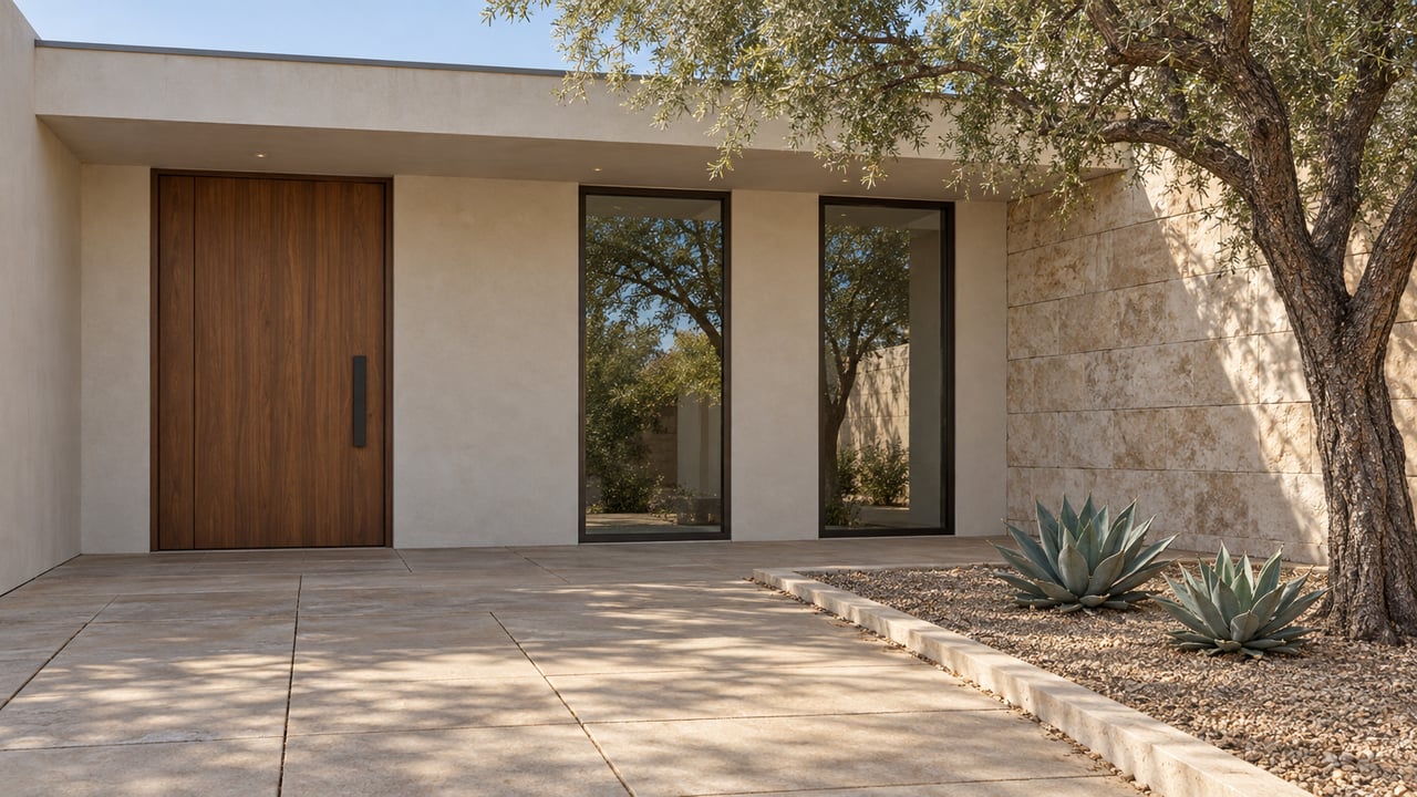 Residential entrance with a walnut door, tall dark-framed windows, and a desert tree beside a paved courtyard.