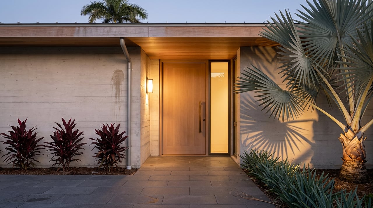 Covered entry breezeway with an oak pivot door, bronze-framed glazing, and silver-blue palm fronds at dusk.