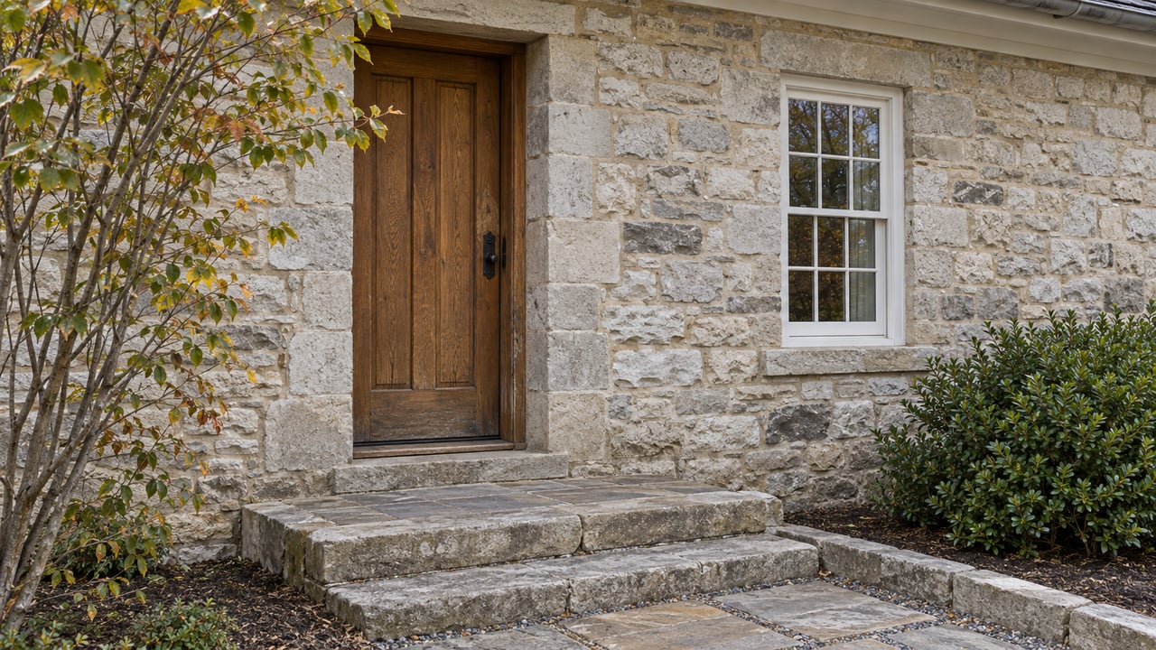 Weathered limestone house entrance with an oak door, divided-pane window, stone steps, and sparse autumn branches.
