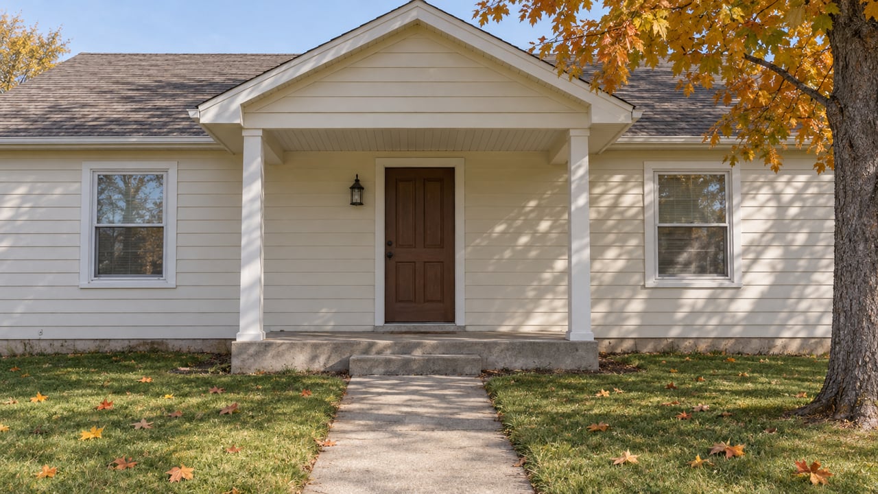 Cream clapboard home with a shallow front porch, concrete walk, and an amber sugar maple in afternoon daylight.