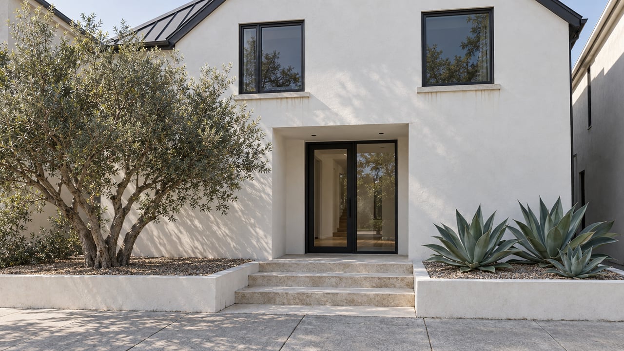 White stucco gabled home with dark-framed windows, a recessed glass entry, limestone steps, and a shallow courtyard planted with an olive tree and three agaves.
