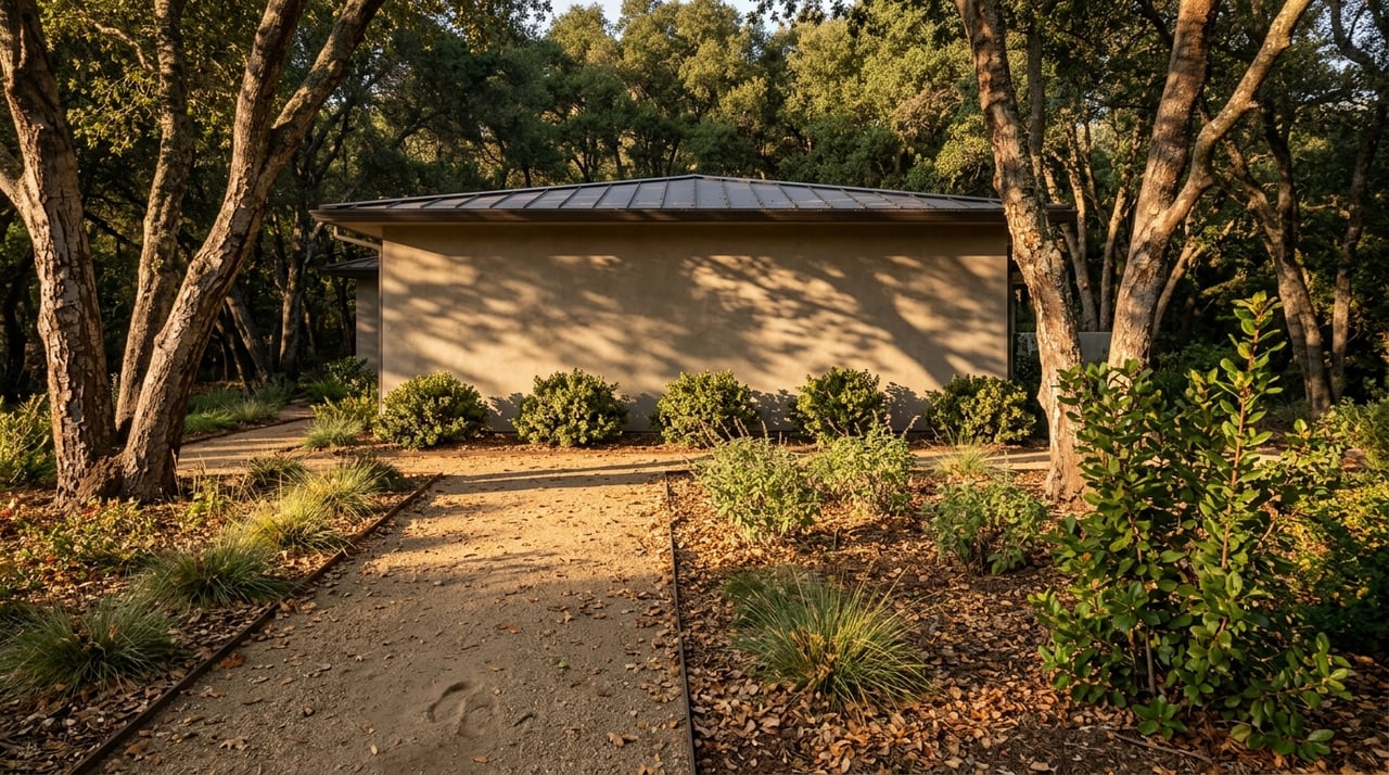Warm-greige stucco residence framed by oak trees, with a granite path bordered by native plantings.
