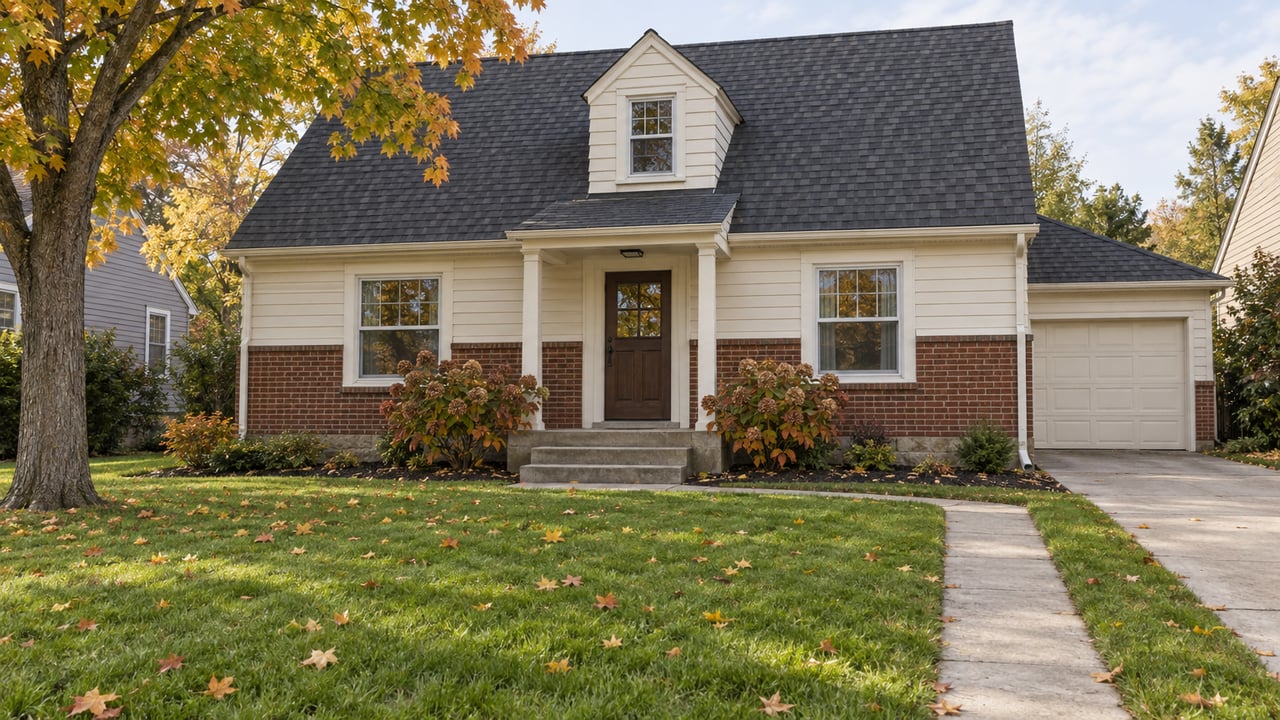 Cream clapboard and red-brown brick detached house beyond a deep front lawn, with a maple tree turning amber and a concrete entry walk.